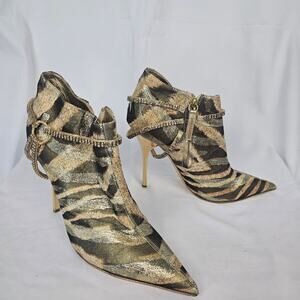 Roberto Cavalli Zebra Metallic Brocade Heels Gold Sole Pointed Toe EU 39 Italy